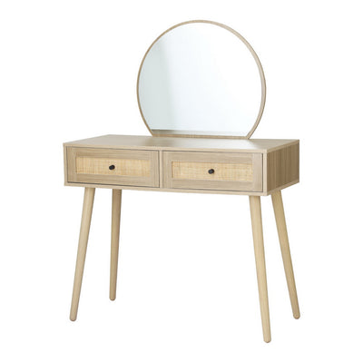Dressing Table Set Rattan Frances with two rattan drawers, round mirror, and solid rubberwood legs in natural finish