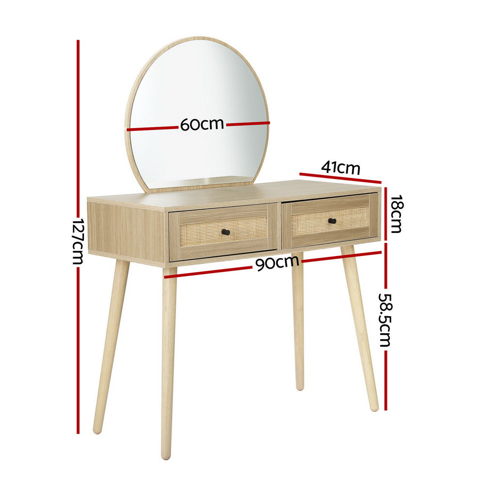 Dressing Table Set Rattan Frances with round mirror, rattan drawers, solid rubberwood legs, and melamine finish