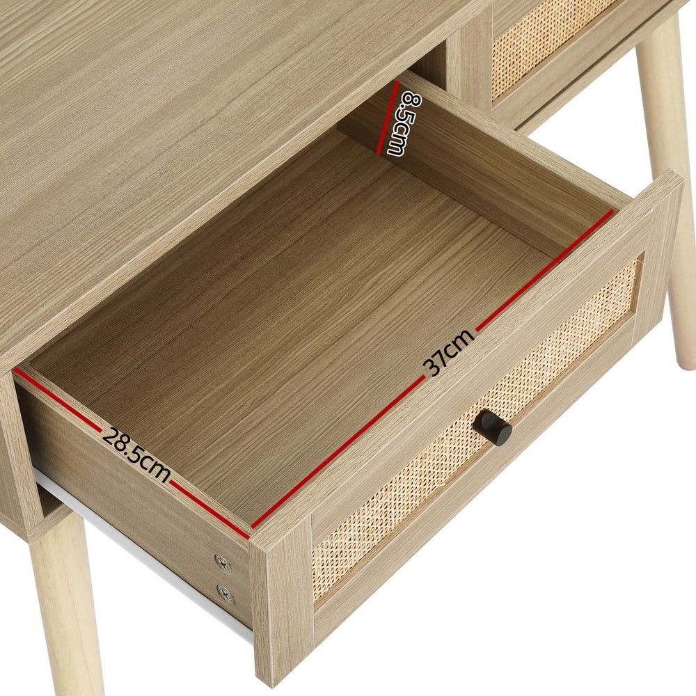 Open drawer of Dressing Table Set Rattan Frances showing rattan front panel and wood finish with measurements displayed