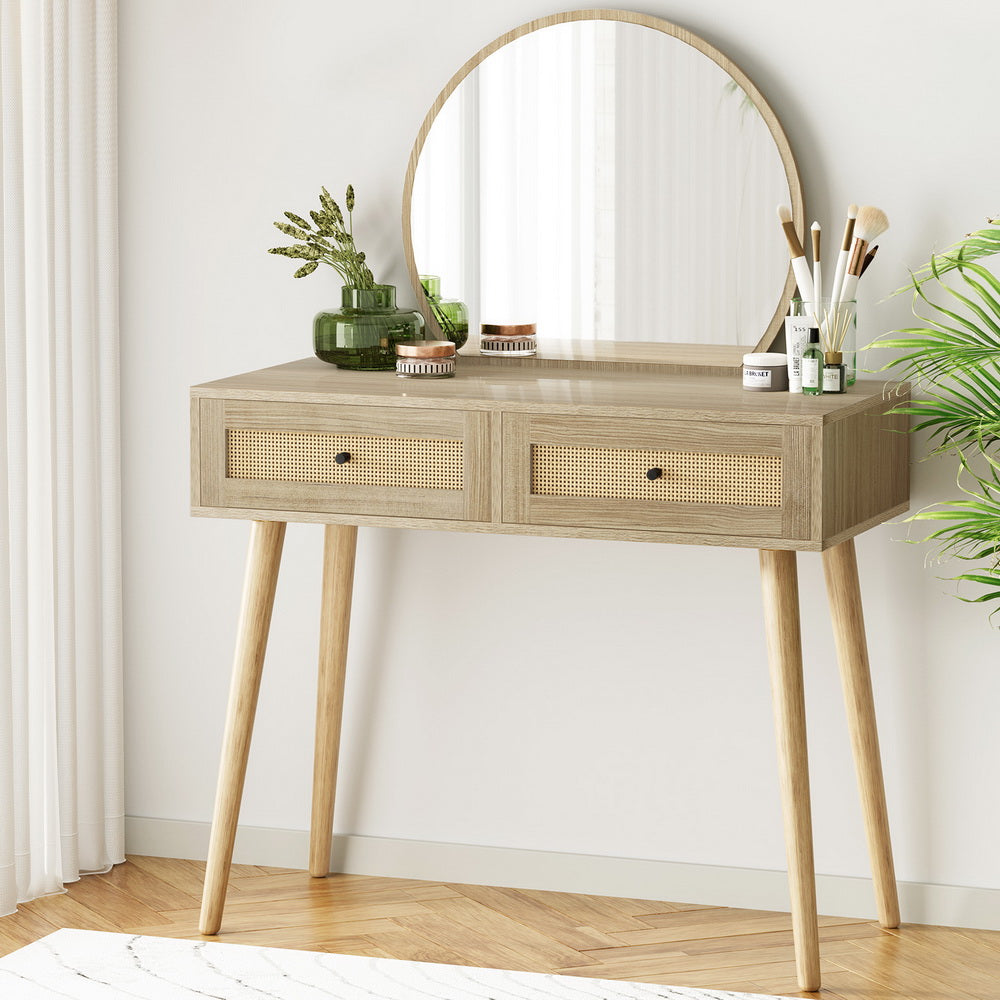Dressing Table Set Rattan Frances with round mirror, two rattan drawers, solid wood legs, and decorative accessories on top