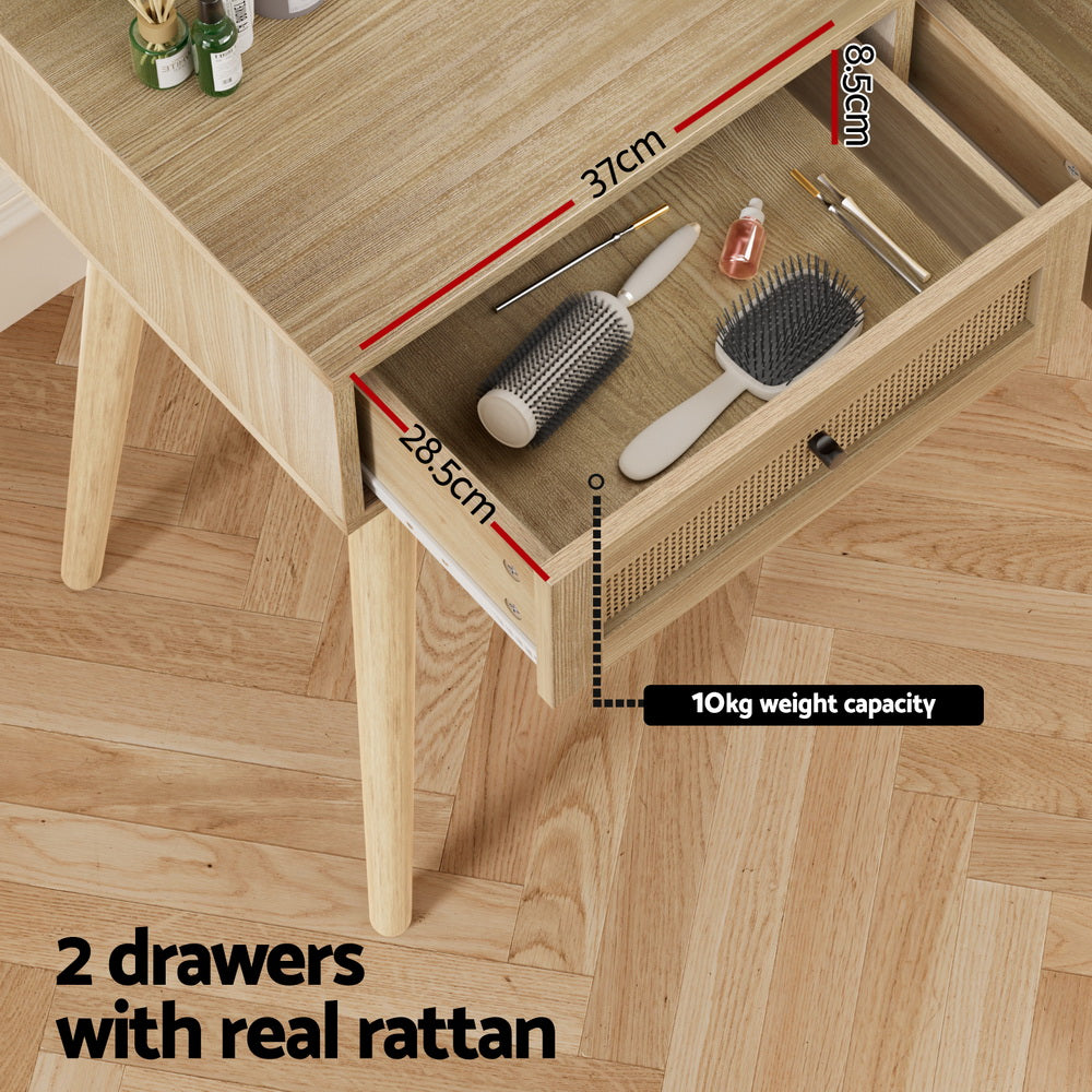 Dressing Table Set Rattan Frances with two real rattan drawers, particle board top, and solid rubberwood legs displayed with brushes