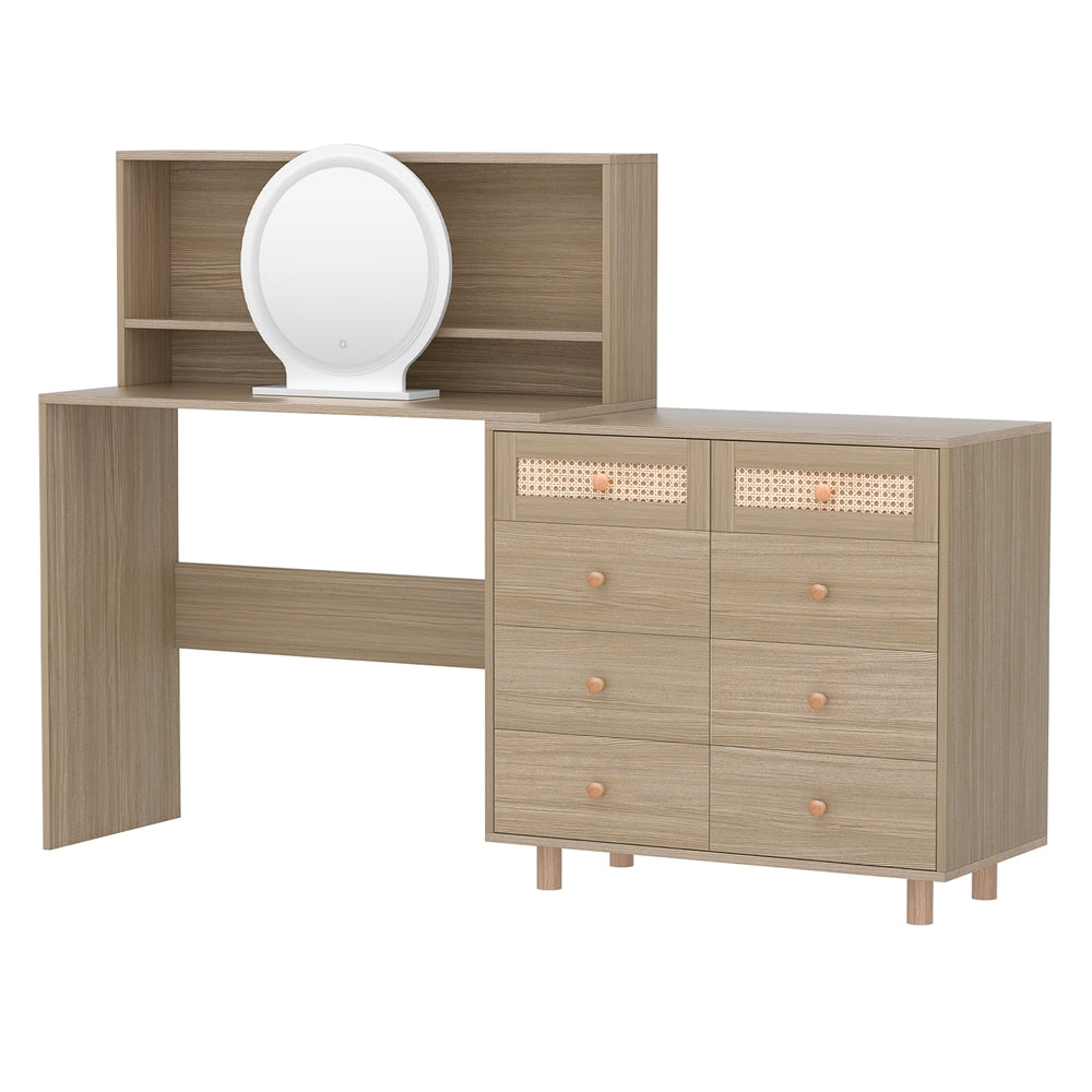 Dressing Table Set Stool LED Mirror Pine with pine wood finish, drawers, open shelves, and round LED mirror, bedroom furniture