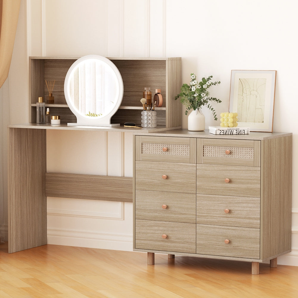 Dressing Table Set Stool LED Mirror Pine with round LED mirror, multiple drawers, and open shelves in light pine finish