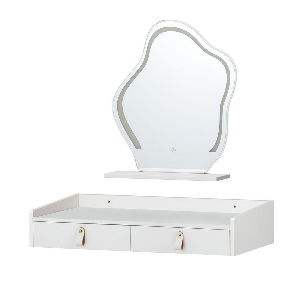 Dressing Table Floating LED White Daphne with cloud-shaped mirror, two drawers, and wall-mounted design in white finish