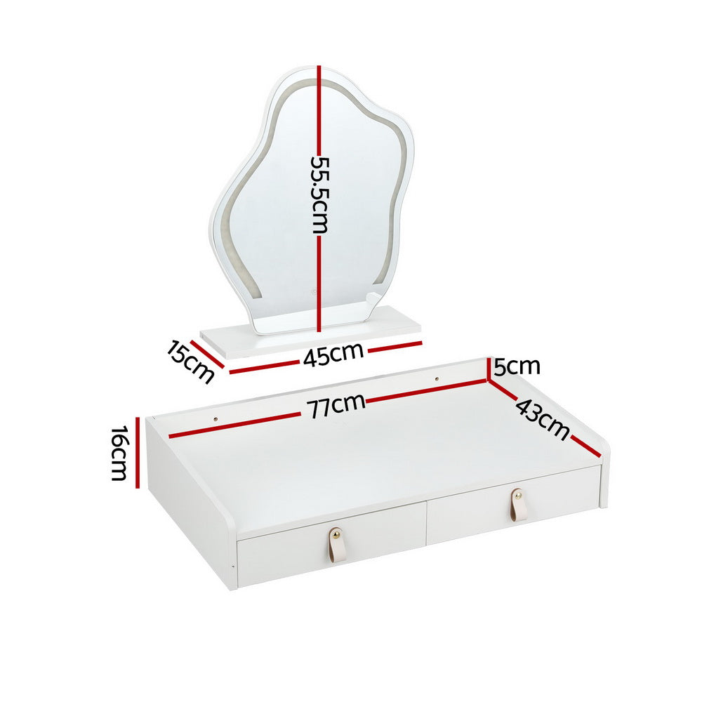 Dressing Table Floating LED White Daphne with cloud-shaped mirror, two drawers, and wall-mounted white particle board design