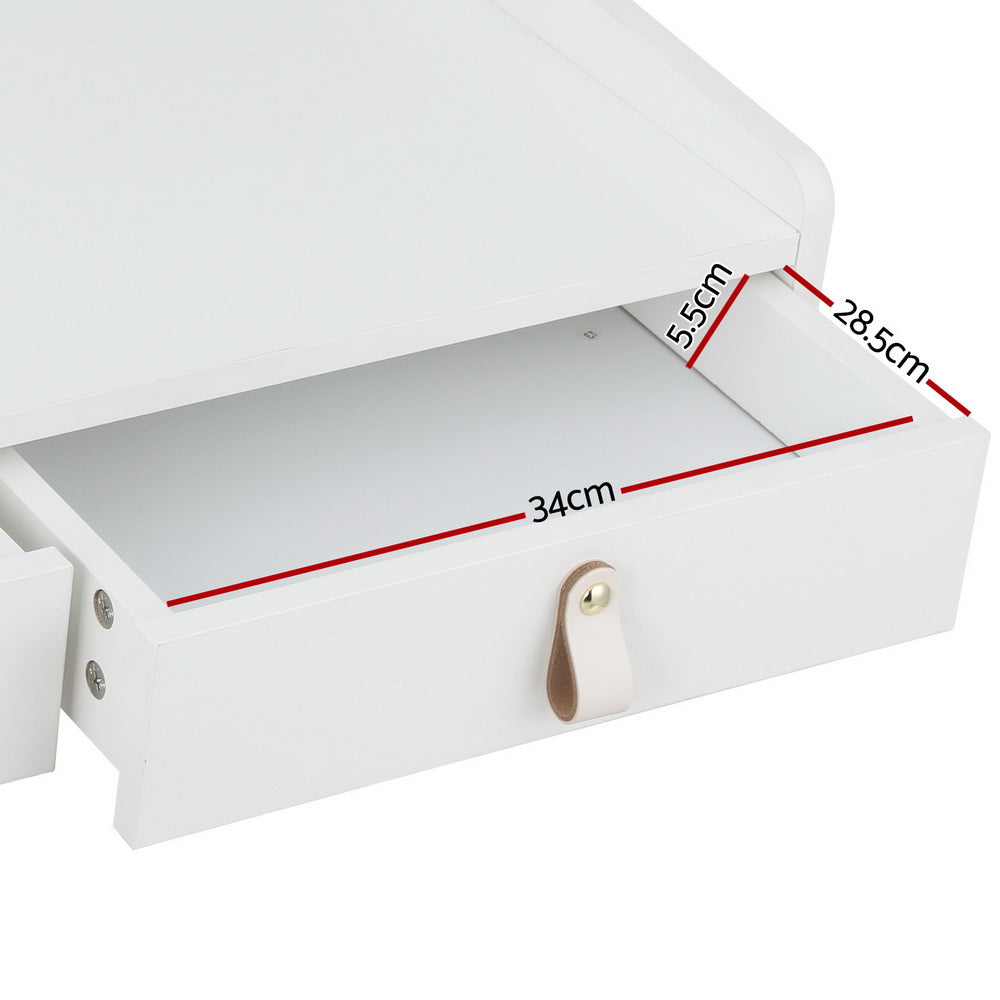 Close-up of the drawer with measurements on Dressing Table Floating LED White Daphne in white finish