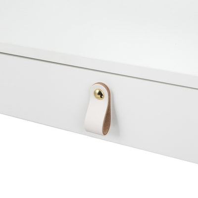 Close-up of white drawer with leather loop handle and brass knob on Dressing Table Floating LED White Daphne