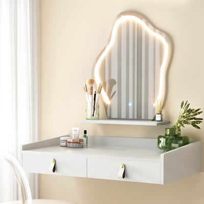 Dressing Table Floating LED White Daphne with cloud-shaped LED mirror, two drawers, and minimalist wall-mounted design