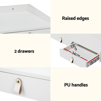 Close-up details of Dressing Table Floating LED White Daphne showing raised edges, two drawers, and PU handles in white finish