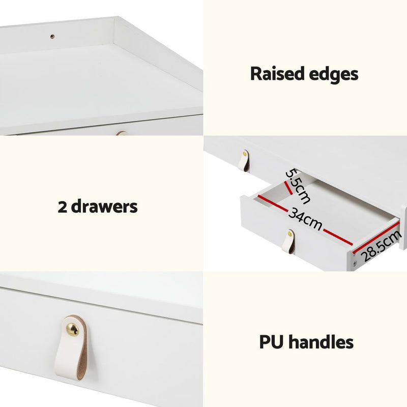 Close-up details of Dressing Table Floating LED White Daphne showing raised edges, two drawers, and PU handles in white finish