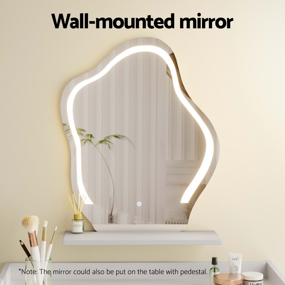 Dressing Table Floating LED White Daphne with wall-mounted cloud-shaped mirror and illuminated LED frame in bedroom setting