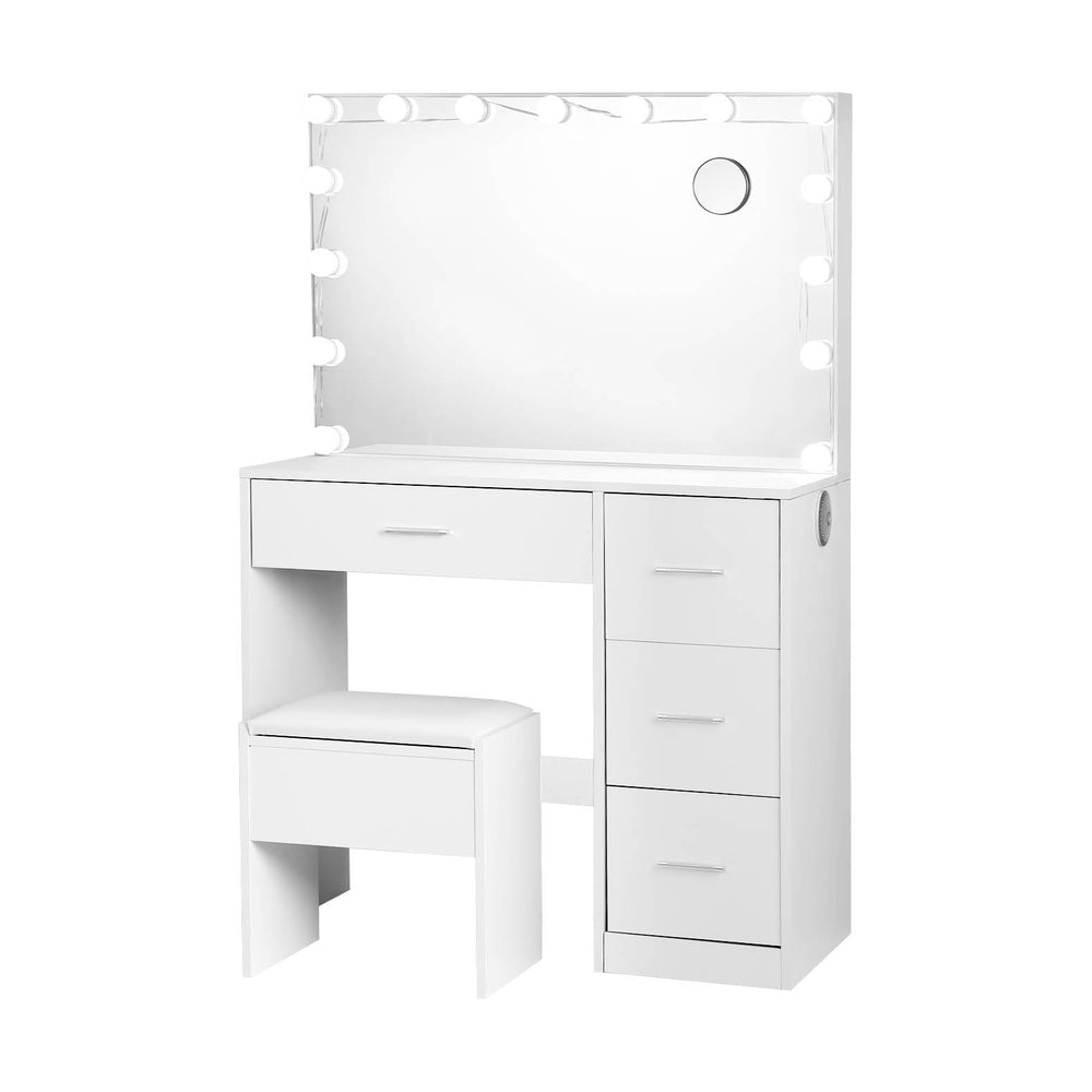 Dressing Table Set Stool 15 Led Bulbs White Darcy with mirror, three drawers, and padded stool for bedroom furniture