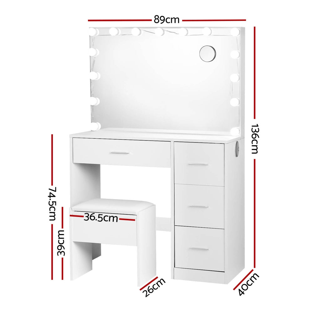 Dressing Table Set Stool 15 Led Bulbs White Darcy with drawers, large mirror, and cushioned stool for bedroom furniture.