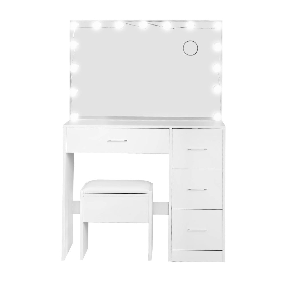 Dressing Table Set Stool 15 Led Bulbs White Darcy with large mirror, storage drawers, and cushioned stool on white background