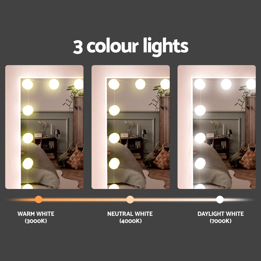Dressing Table Set Stool 15 Led Bulbs White Darcy showing three color light modes warm, neutral, and daylight white