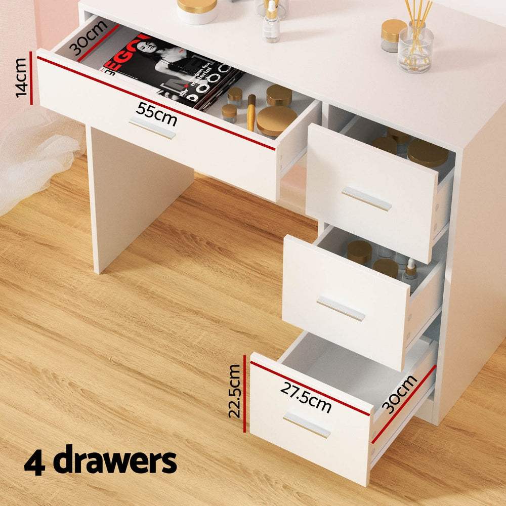 Dressing Table Set Stool 15 Led Bulbs White Darcy with four open drawers showing storage space on wooden floor