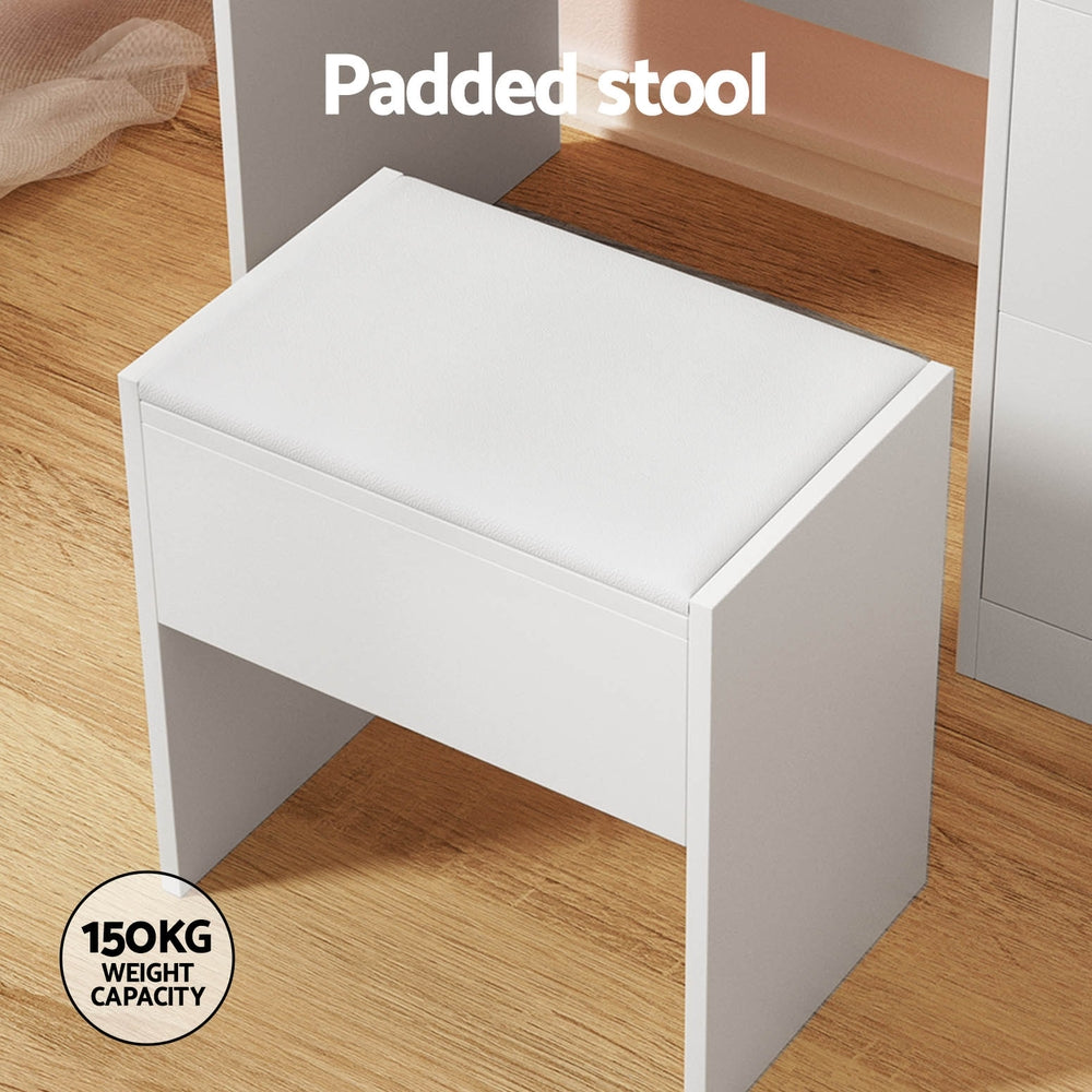 Dressing Table Set Stool 15 Led Bulbs White Darcy with padded seat, sturdy design, and 150kg weight capacity on wooden floor
