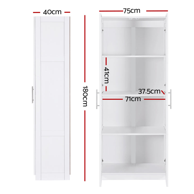 2 Door Wardrobe Bedroom Cupboard Closet Storage Cabinet Organiser White with interior shelving and metal handles on white background