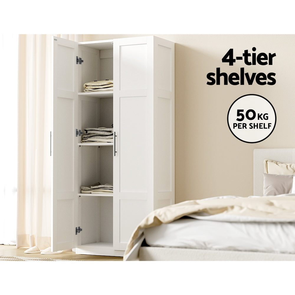2 Door Wardrobe Bedroom Cupboard Closet Storage Cabinet Organiser White with 4-tier shelves and folded linens in bedroom setting