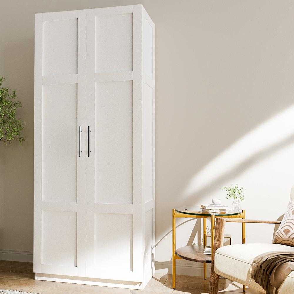 2 Door Wardrobe Bedroom Cupboard Closet Storage Cabinet Organiser White in bright room with side table and chair nearby