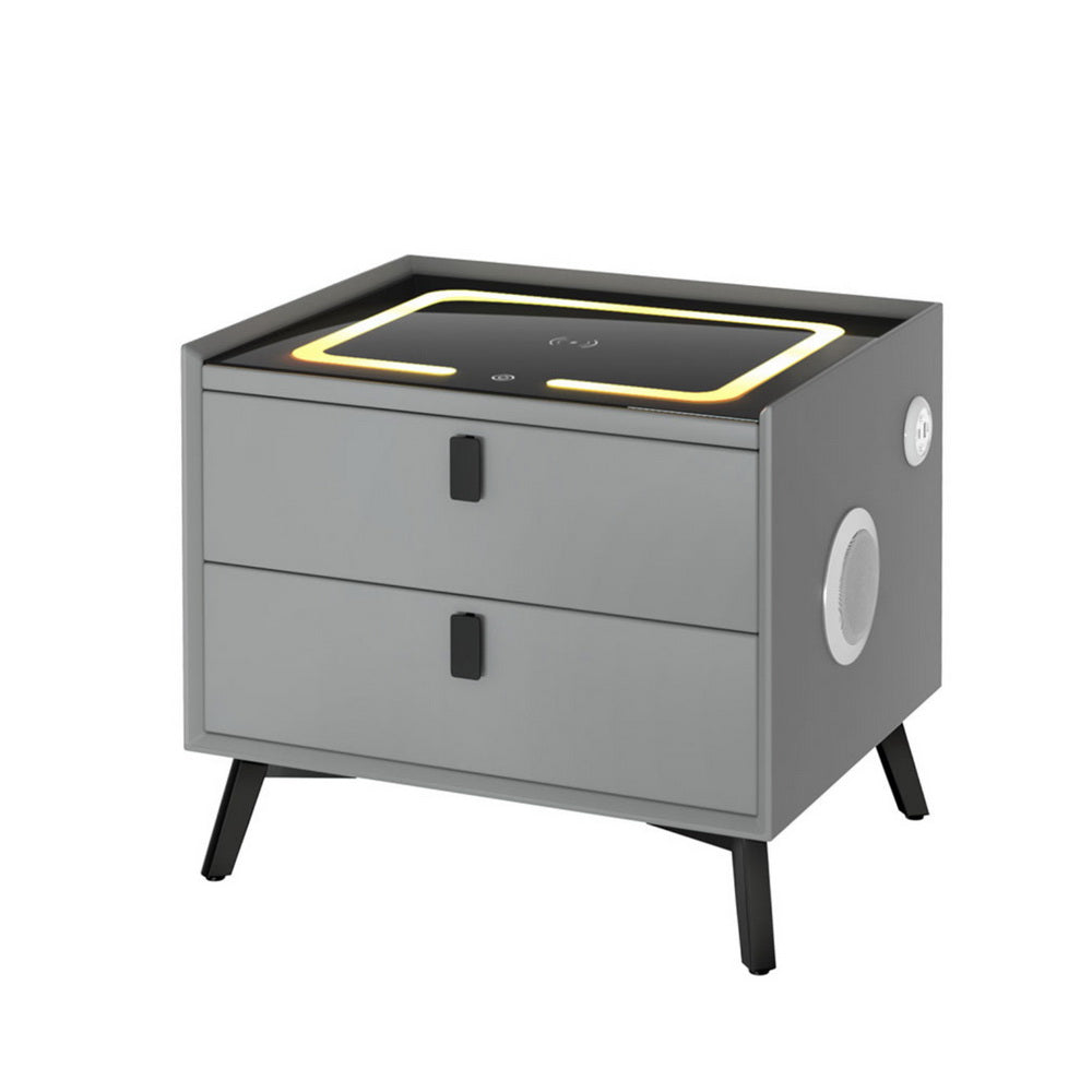 Aika Grey Smart Bedside Table with Wireless Charging, LED Lights, Bluetooth Speaker, two drawers, and black legs