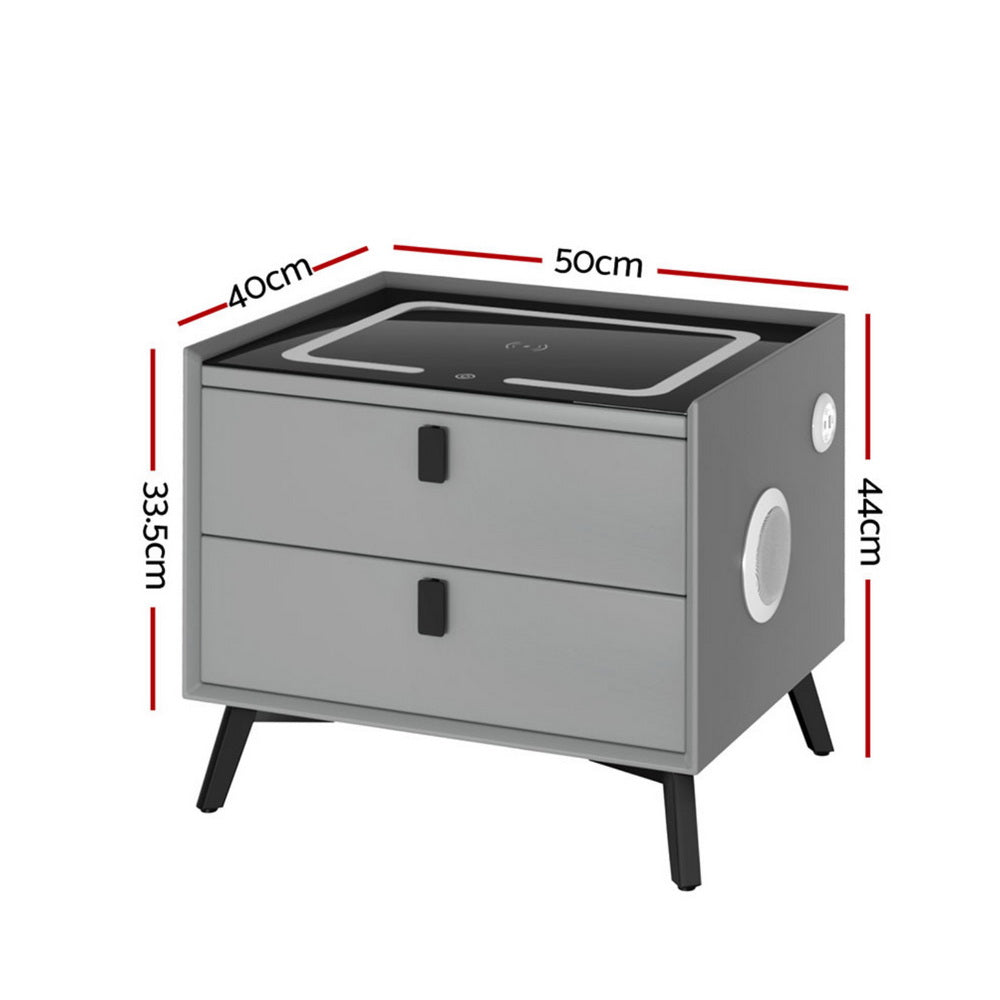 Aika Grey Smart Bedside Table with Wireless Charging, LED Lights, Bluetooth Speaker, 2 drawers, and black legs