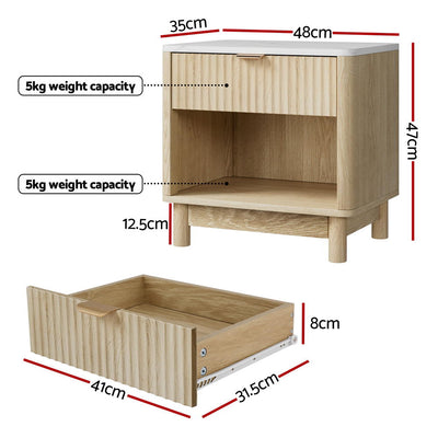 Bedside Table Nightstand 1 Drawer Shelves Pine with metal handle, open shelf, and drawer dimensions on white background
