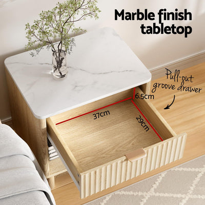 Bedside Table Nightstand 1 Drawer Shelves Pine with marble finish tabletop, open shelf, and pull-out groove drawer in bedroom setting