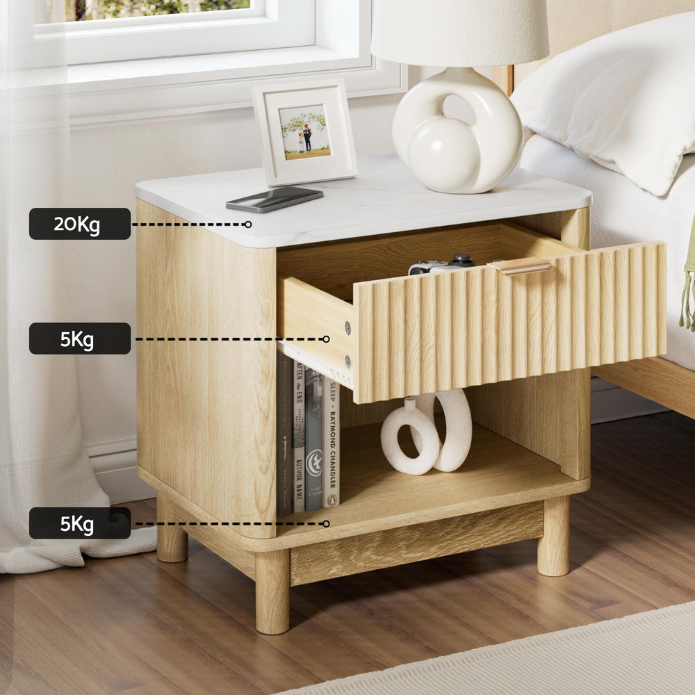 Bedside Table Nightstand 1 Drawer Shelves Pine with open drawer, white top, wooden legs, and metal handle in bedroom setting