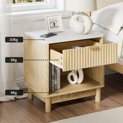 Bedside Table Nightstand 1 Drawer Shelves Pine with open drawer, white top, wooden legs, and metal handle in bedroom setting