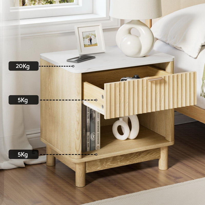 Bedside Table Nightstand 1 Drawer Shelves Pine with open drawer, white top, wooden legs, and metal handle in bedroom setting