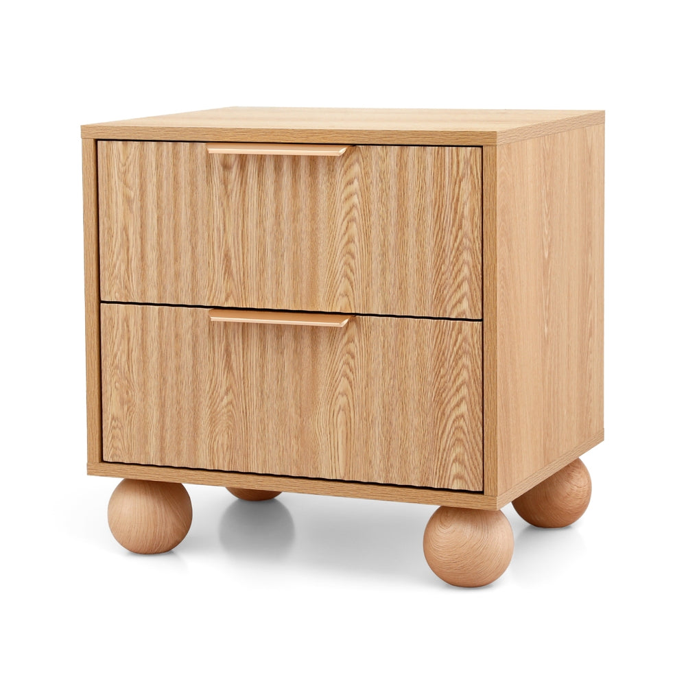 Rattan Bedside Table 2 Drawers Pine with round wooden legs, metal handles, and smooth easy-clean surfaces on white background