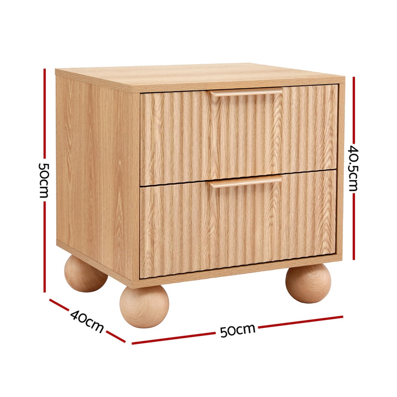 Rattan Bedside Table 2 Drawers Pine with textured drawer fronts, round wooden legs, and metal handles on a white background