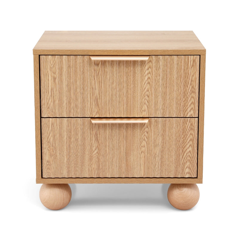Rattan Bedside Table 2 Drawers Pine with metal handles, round wooden legs, and smooth stain-resistant surface on white background