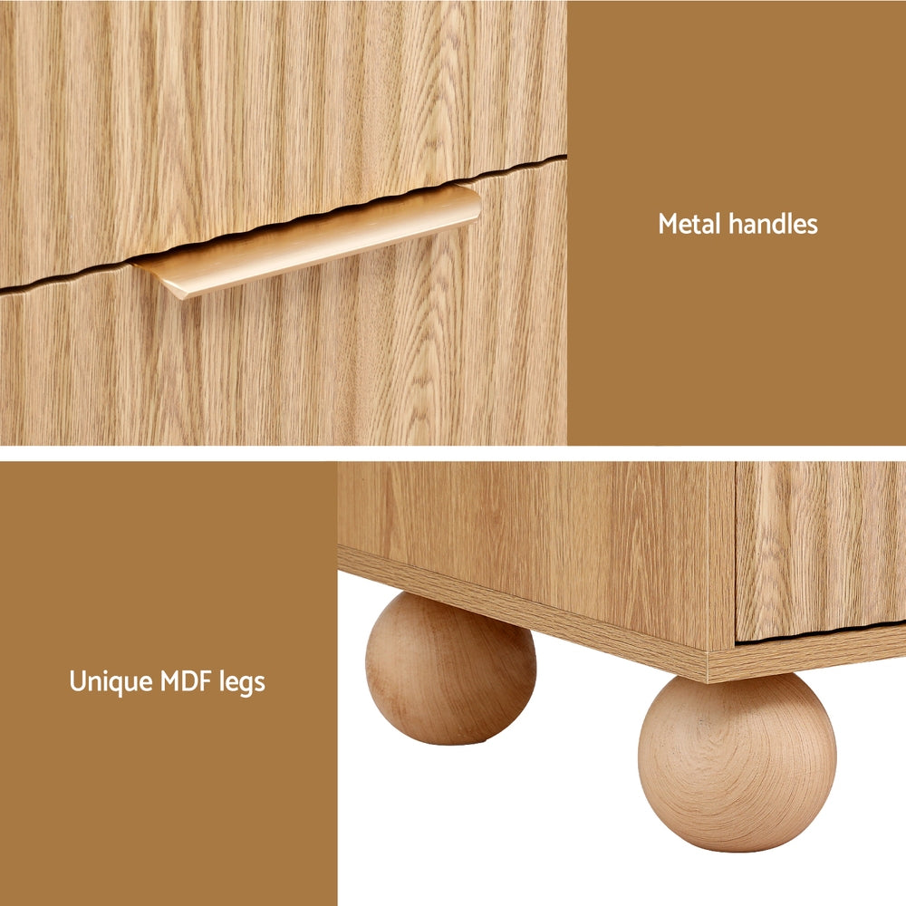 Close-up of Rattan Bedside Table 2 Drawers Pine showing metal handles and unique round MDF legs in natural wood finish