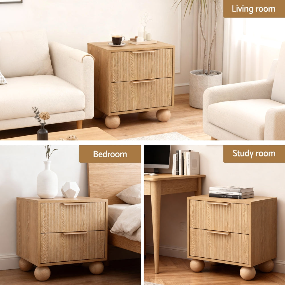 Rattan Bedside Table 2 Drawers Pine with metal handles and round wooden legs shown in living, bedroom, and study room settings