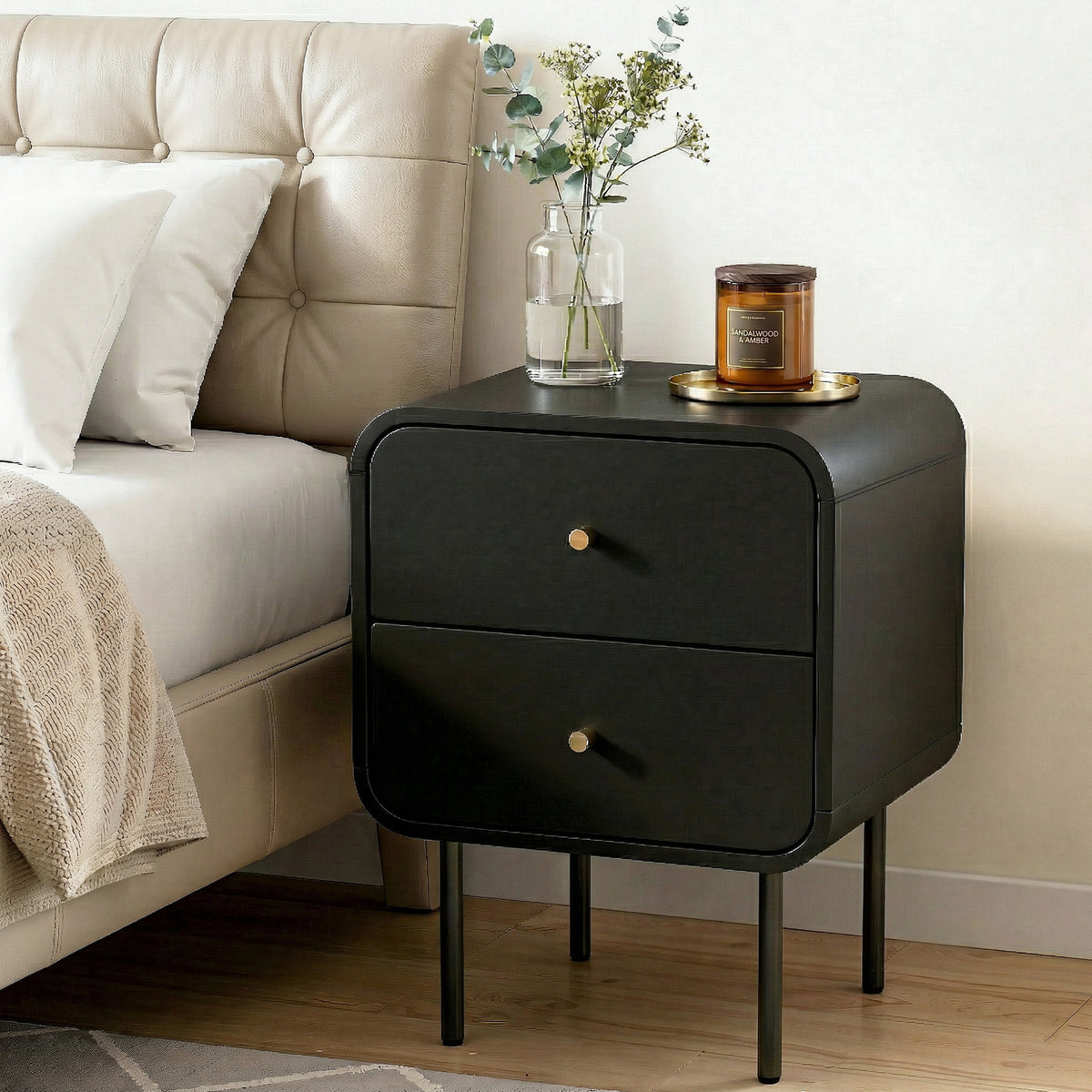 Bedside Table with 2 Drawers and Metal Handles - Black