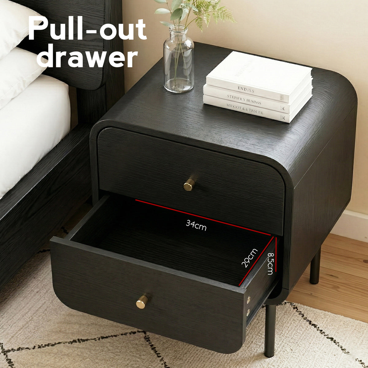 Bedside Table with 2 Drawers and Metal Handles - Black