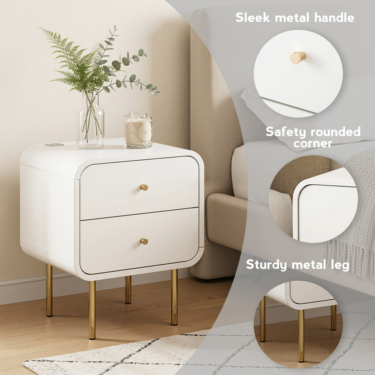 Bedside Table with 2 Drawers and Metal Handles - White