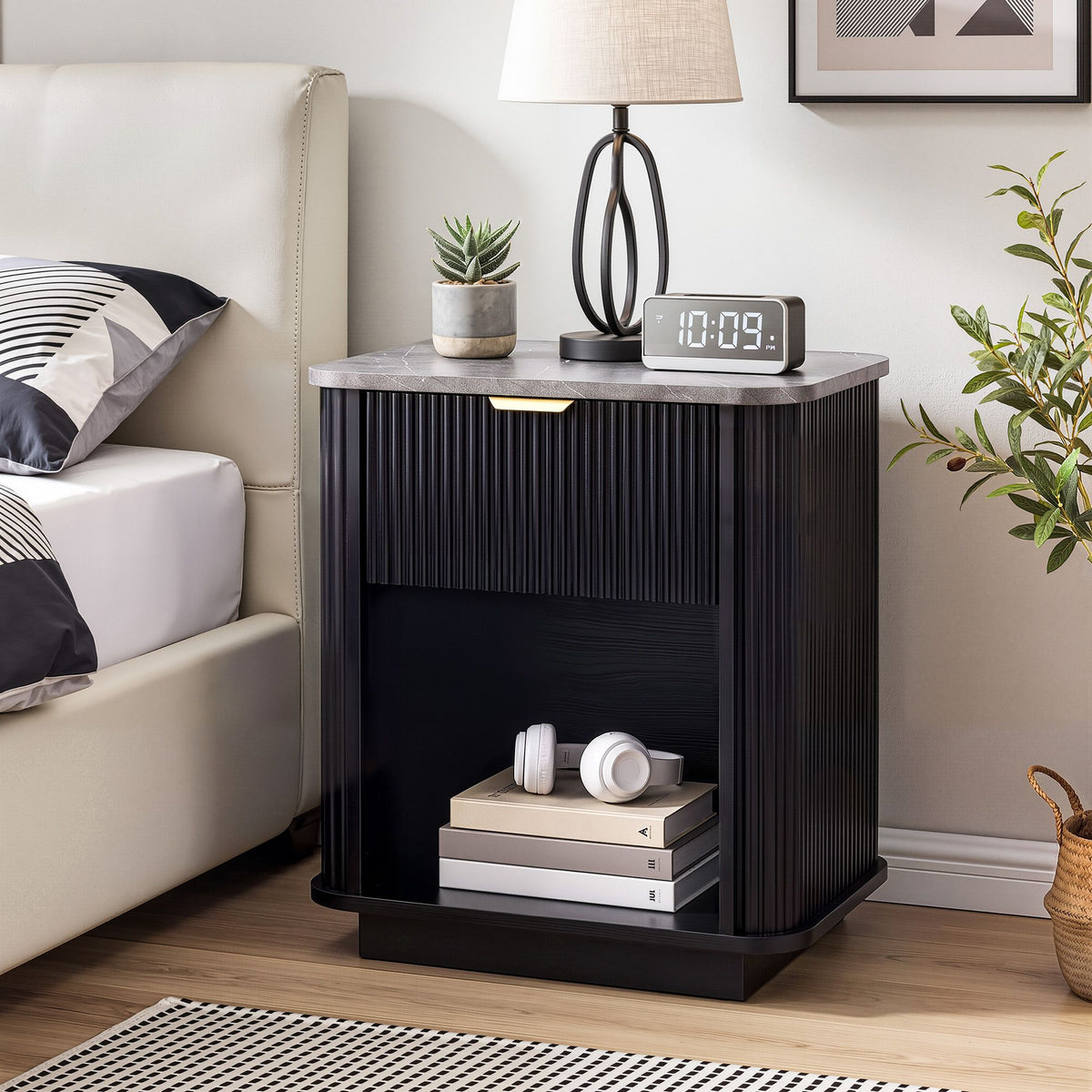 Bedside Table with 1 Drawer and Marble-Effect Top - Black