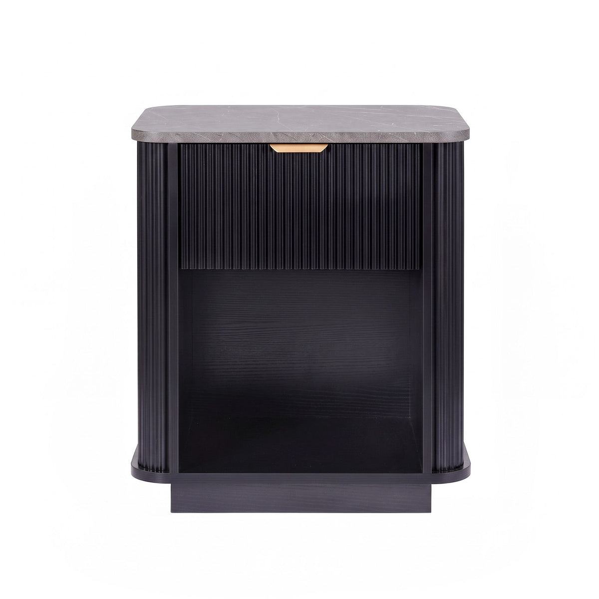 Bedside Table with 1 Drawer and Marble-Effect Top - Black
