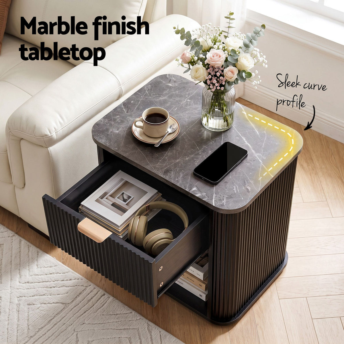 Bedside Table with 1 Drawer and Marble-Effect Top - Black