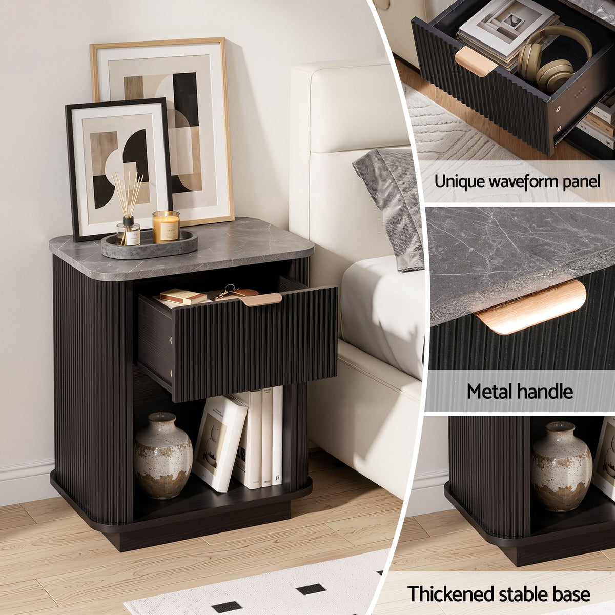 Bedside Table with 1 Drawer and Marble-Effect Top - Black