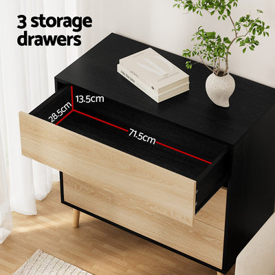 3 Chest of Drawers Dresser Table Black&Pine with three storage drawers and solid wooden legs in bedroom setting