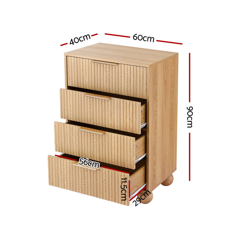 4 Chest of Drawers Dresser Tallboy Pine with four fluted front drawers and metal handles, bedroom furniture storage solution