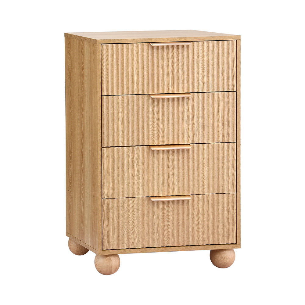 4 Chest of Drawers Dresser Tallboy Pine with fluted front, metal handles, and round wooden feet for bedroom storage