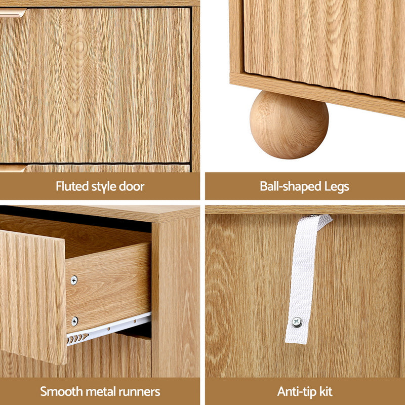 4 Chest of Drawers Dresser Tallboy Pine with fluted doors, ball-shaped legs, smooth metal runners, and anti-tip kit in bedroom furniture style