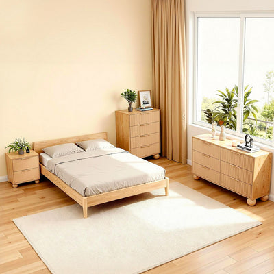 4 Chest of Drawers Dresser Tallboy Pine with fluted front and metal handles in a modern bedroom setting