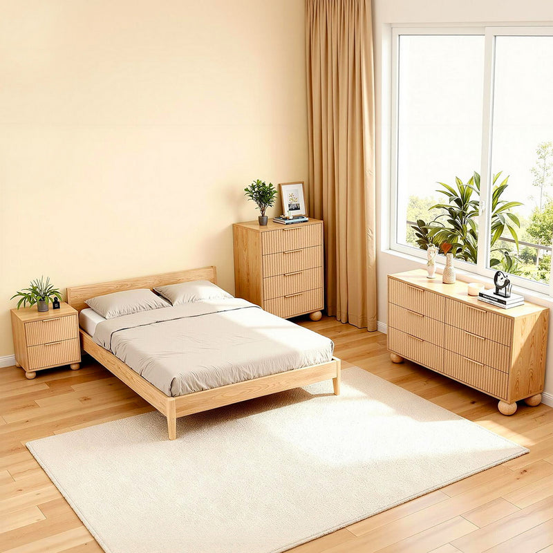 4 Chest of Drawers Dresser Tallboy Pine with fluted front and metal handles in a modern bedroom setting