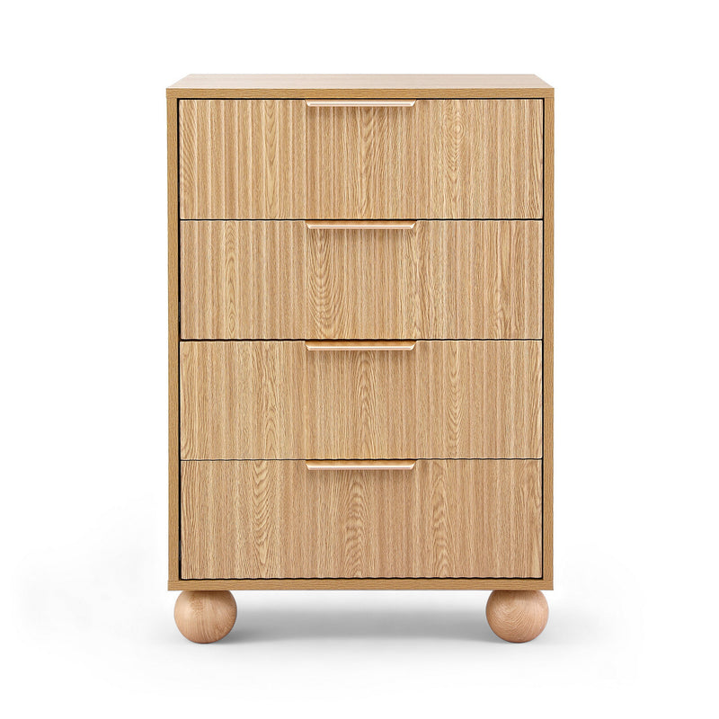 4 Chest of Drawers Dresser Tallboy Pine with fluted drawer fronts, metal handles, and round wooden feet on white background